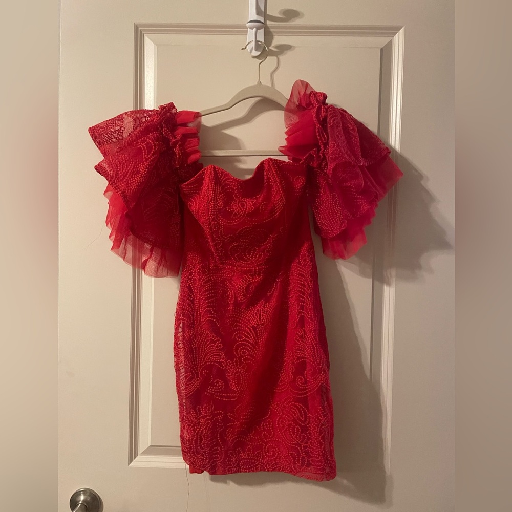Hello Miss size S red of the shoulder ruffle sleeve mini party dress!